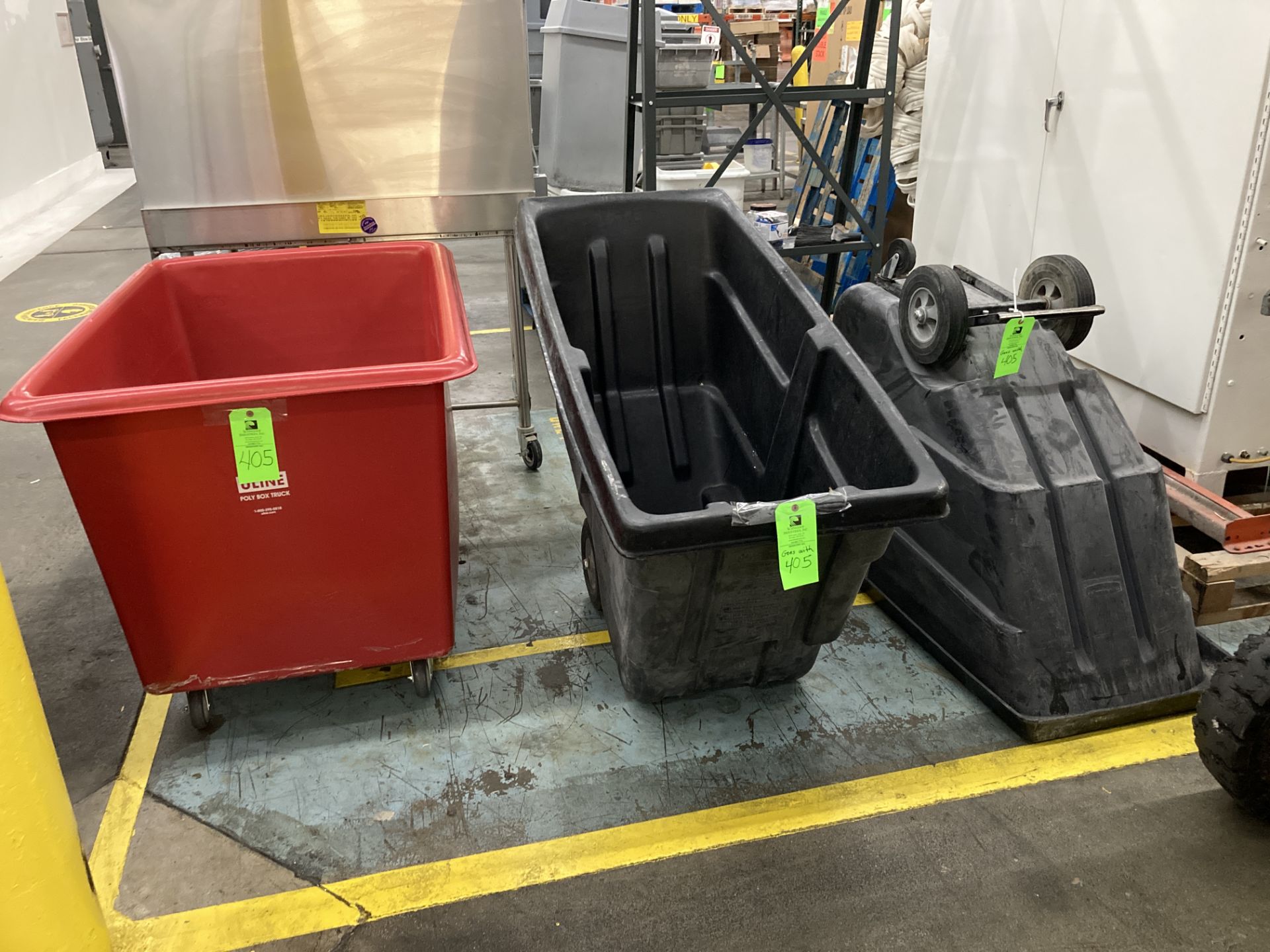 LOT OF 2 push cart hopper, Uline 30 in x 48 in 29 in d (Red Bin not included) Rigging Fee: $40