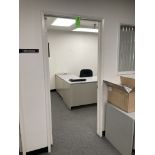 LOT OF office, L shape desk 70 in x 75 in , filing cabinet 36 in x 18 x 60 , chairs, push cart,