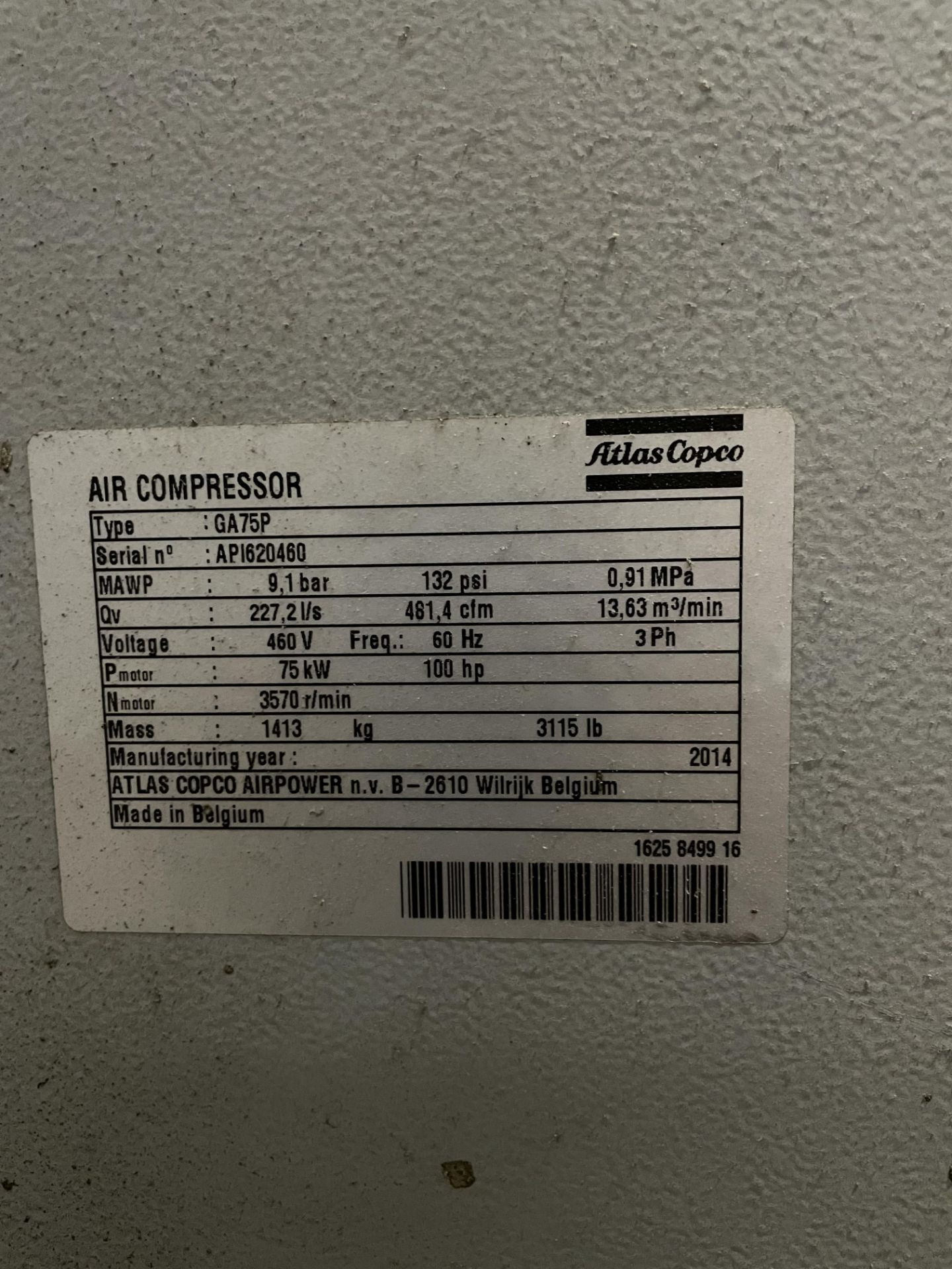 Atlas Copco Air Compressor, Model #GA75P, S/N #AP1620460, Voltage 460, 60 Hz, 3 Phase Rig Fee: $900 - Image 4 of 4