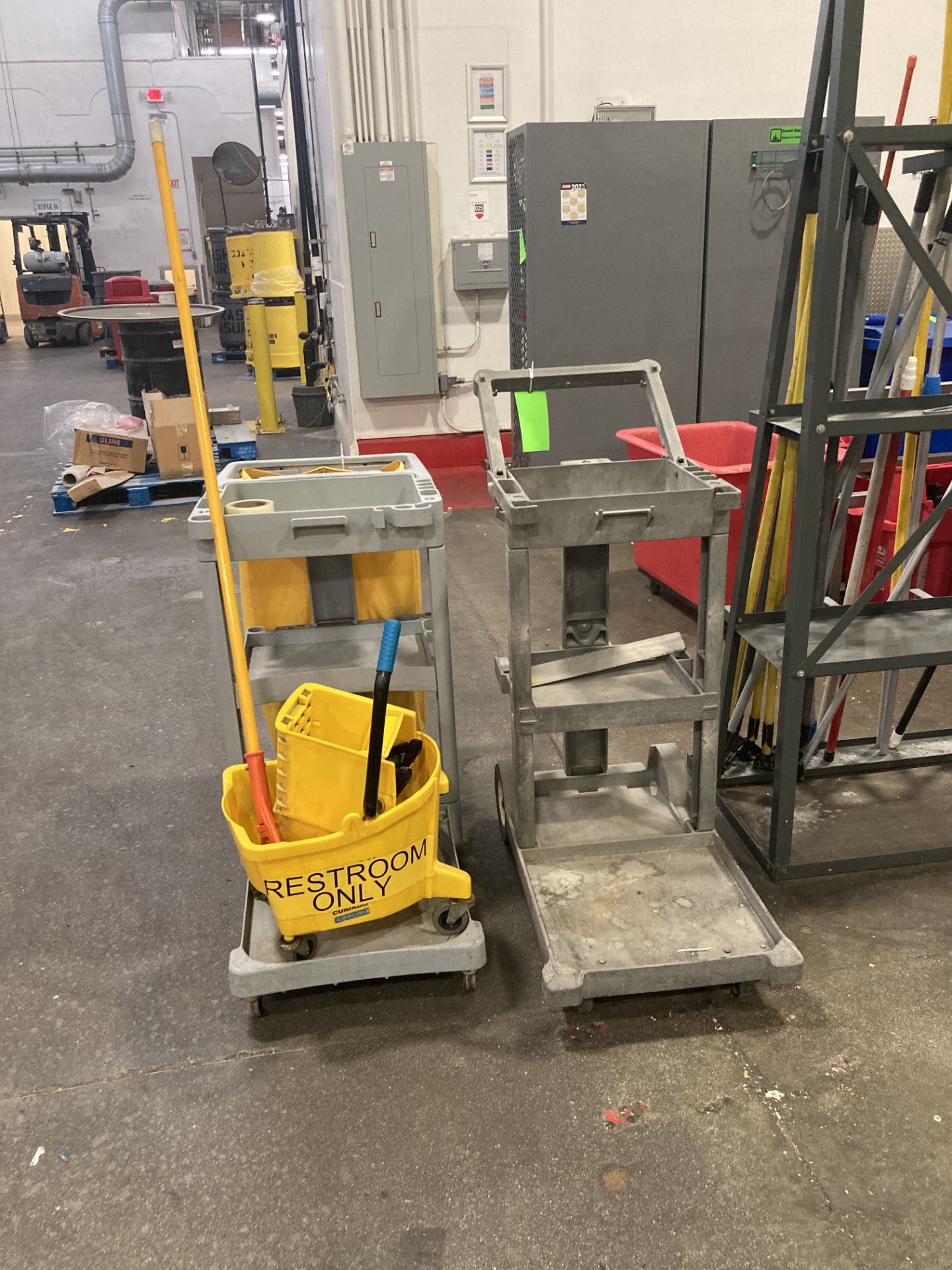 LOT OF pipe shelf unit with content and 2 cleaning push carts Rigging Fee: $ 125 - Image 2 of 3