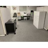 LOT OF 72 in x 24 in desk, 3- filing cabinet , push cart, 2 storage cabinet, shelf unit 32 in 13