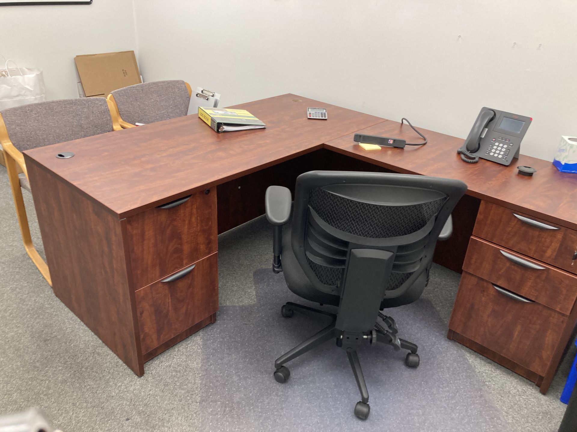 LOT OF L shape desk ,2- shelf unit 109 in x 14 in x 77 h and 3- 36 in 12 in x 75 hgt Rigging - Image 2 of 4