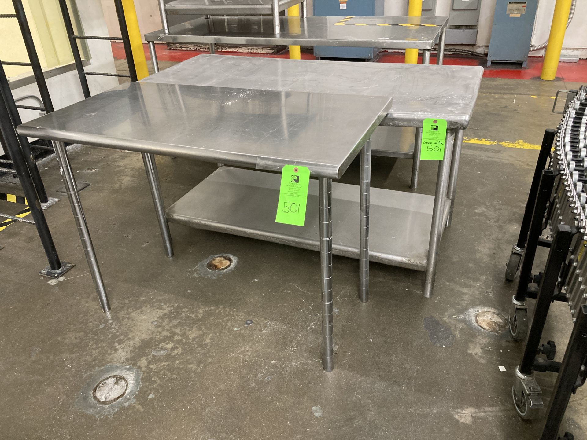 LOT OF 2 stainless steel table, 60 in x 30 in x 33 in h, 46 in x 24 in x 34 in h Rigging Fee: $ 75