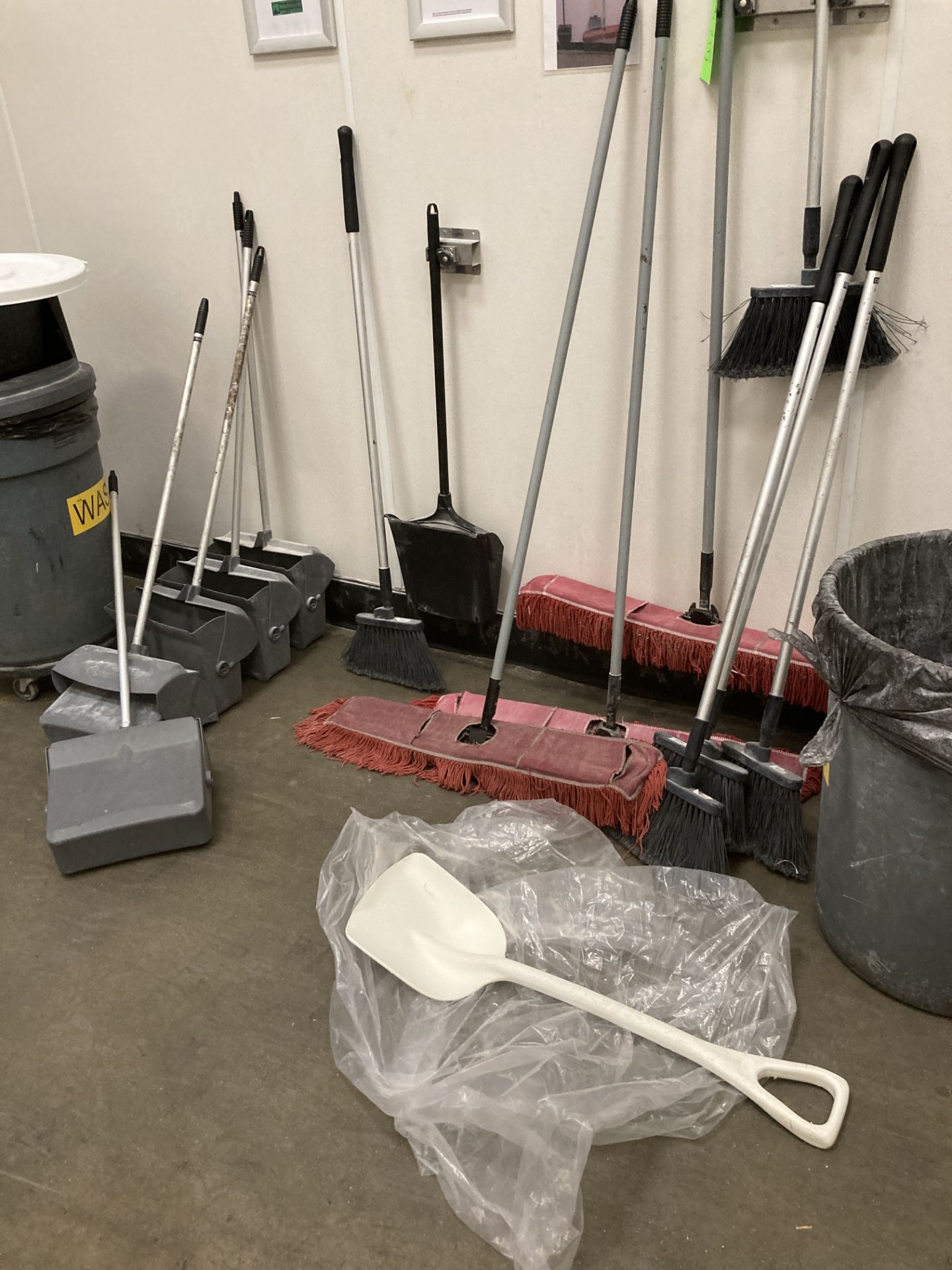 LOT OF waste containers, mops, wall rack, dust pans Rigging Fee: $50 - Image 2 of 2