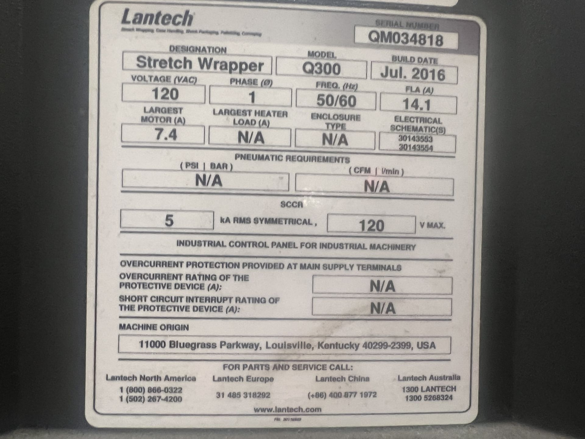 Lantech Stretch Wrapper, Model #Q300, DOM July 2016, Voltage 120, S/N #QM034818 Rigging Fee: $ 975 - Image 4 of 4