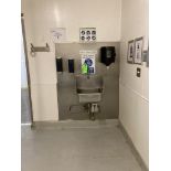 LOT OF stainless steel single bowl sink, SS back splash panel, soap & towel dispenser, wall racks