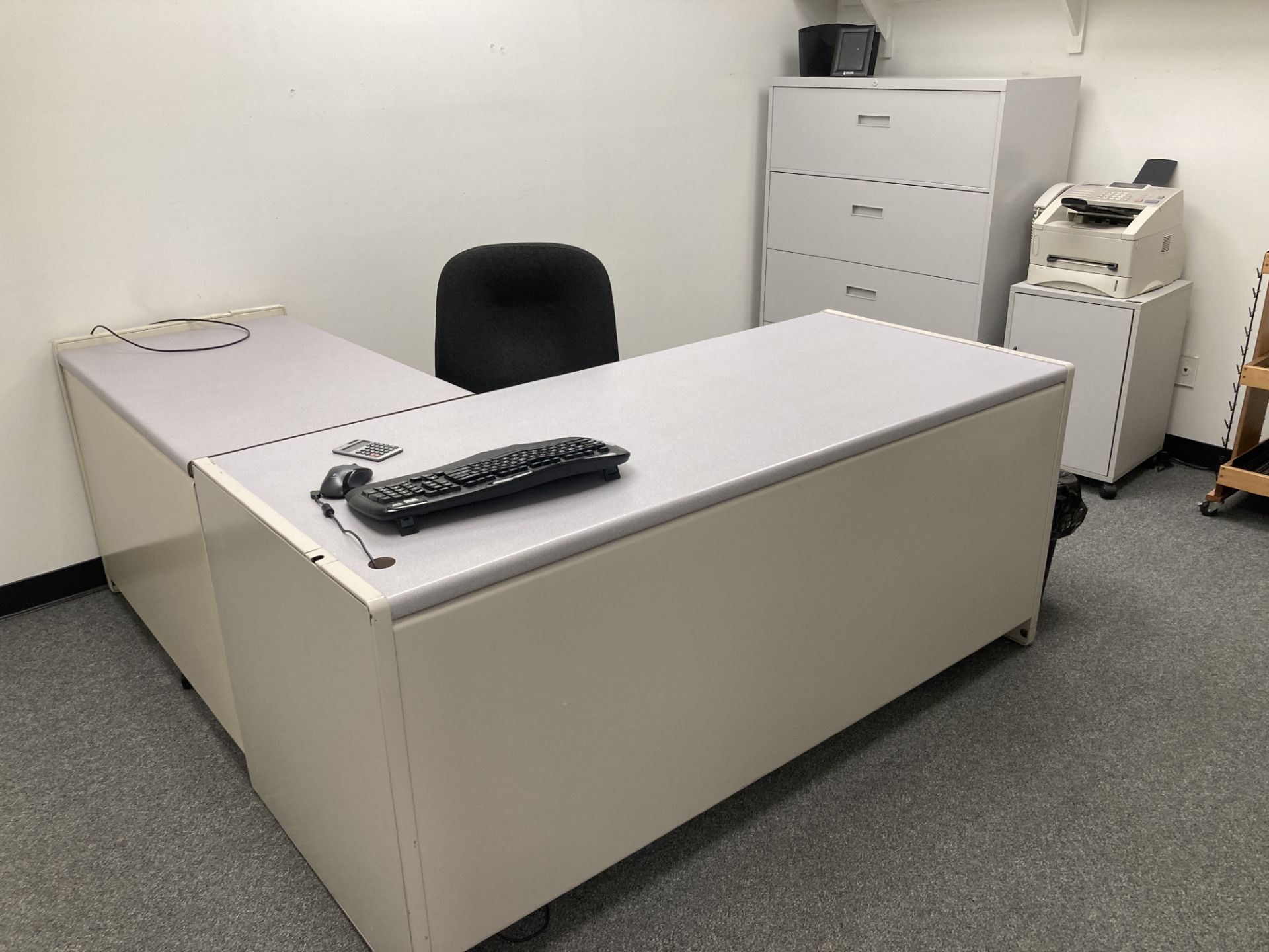 LOT OF office, L shape desk 70 in x 75 in , filing cabinet 36 in x 18 x 60 , chairs, push cart, - Image 2 of 4