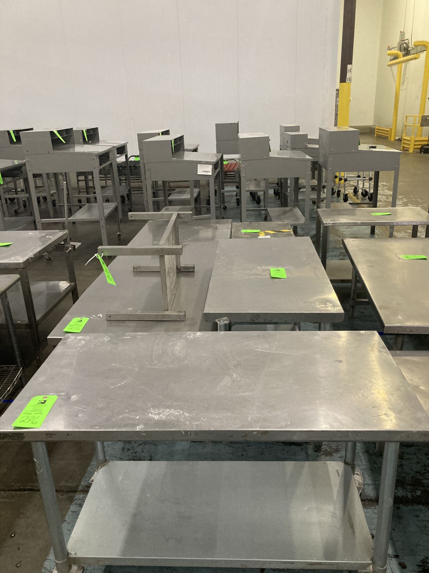 LOT OF 4 stainless steel table, 20 in x 25 in x 24 in h, 96 in x 34 in x 24 in h, 24 in x 48 in x 30