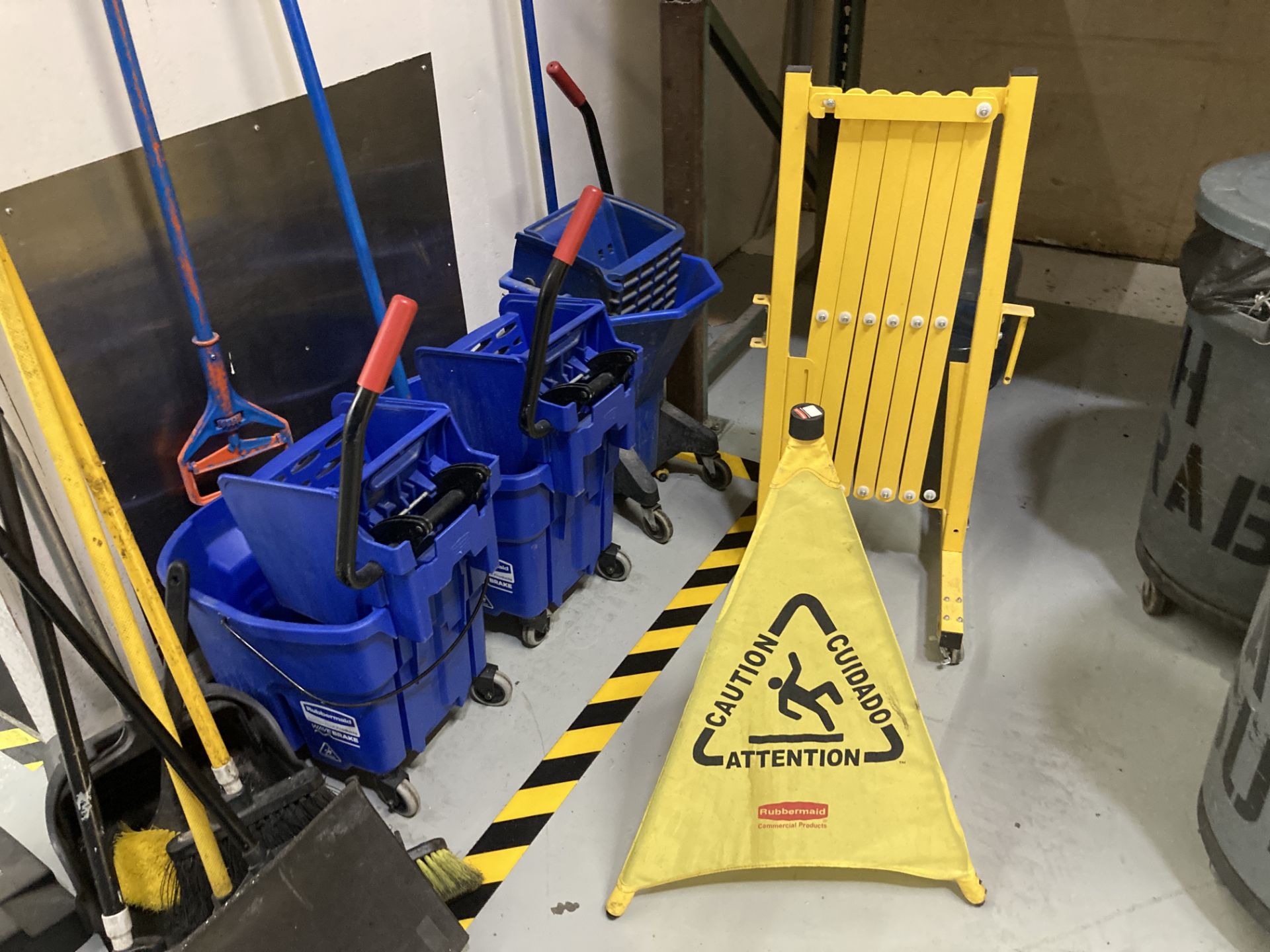 LOT OF mops with bucket, brooms, waste container , portable safety barrier Rigging Fee: $ 100 - Image 3 of 3