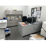 LOT OF L shape desk 70 in x 72, 4 file cabinet with hi-back storage cabinet, storage cabinet, chair,