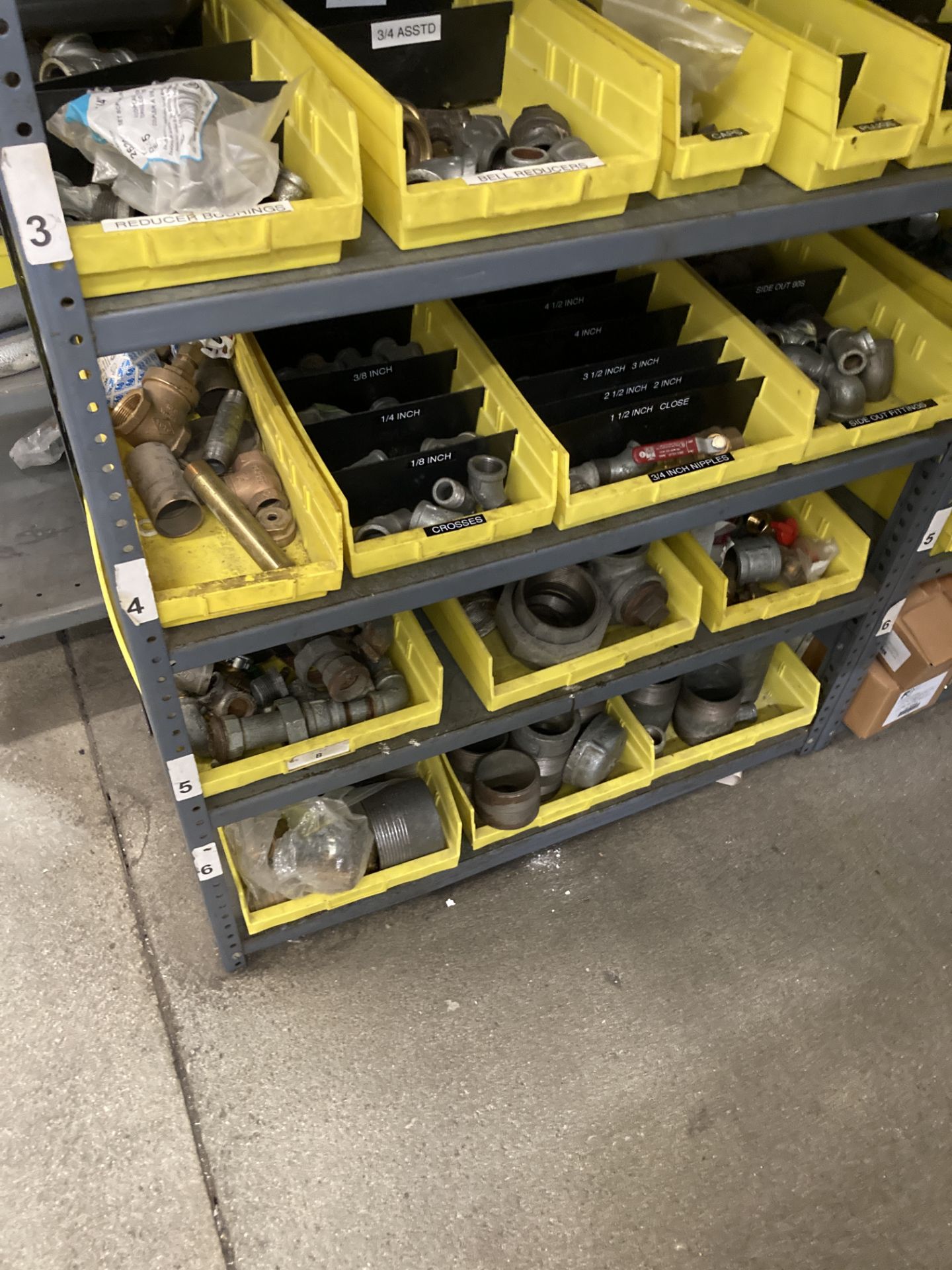 LOT OF shelf & contents: bushings, bell reducers, elbows, gears, signs, springs, Rigging Fee: $ 425 - Image 2 of 15