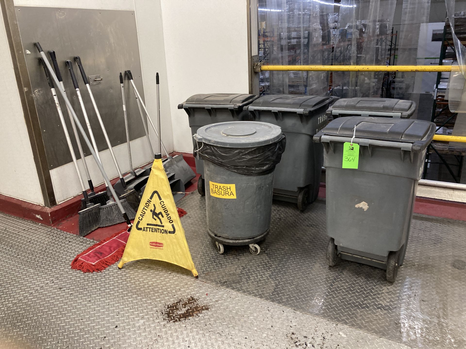 LOT OF waste container , dust mop, brooms, dust pans Rigging Fee: $ 75