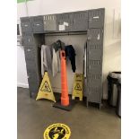 LOT OF metal locker 72 in x 18 in x 78 in h with orange cone and floor hazard signage Rigging Fee: $