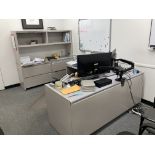 LOT OF L shape desk 72 x 78 with metal credenza with hi-back storage cabinet and chairs Rigging Fee: