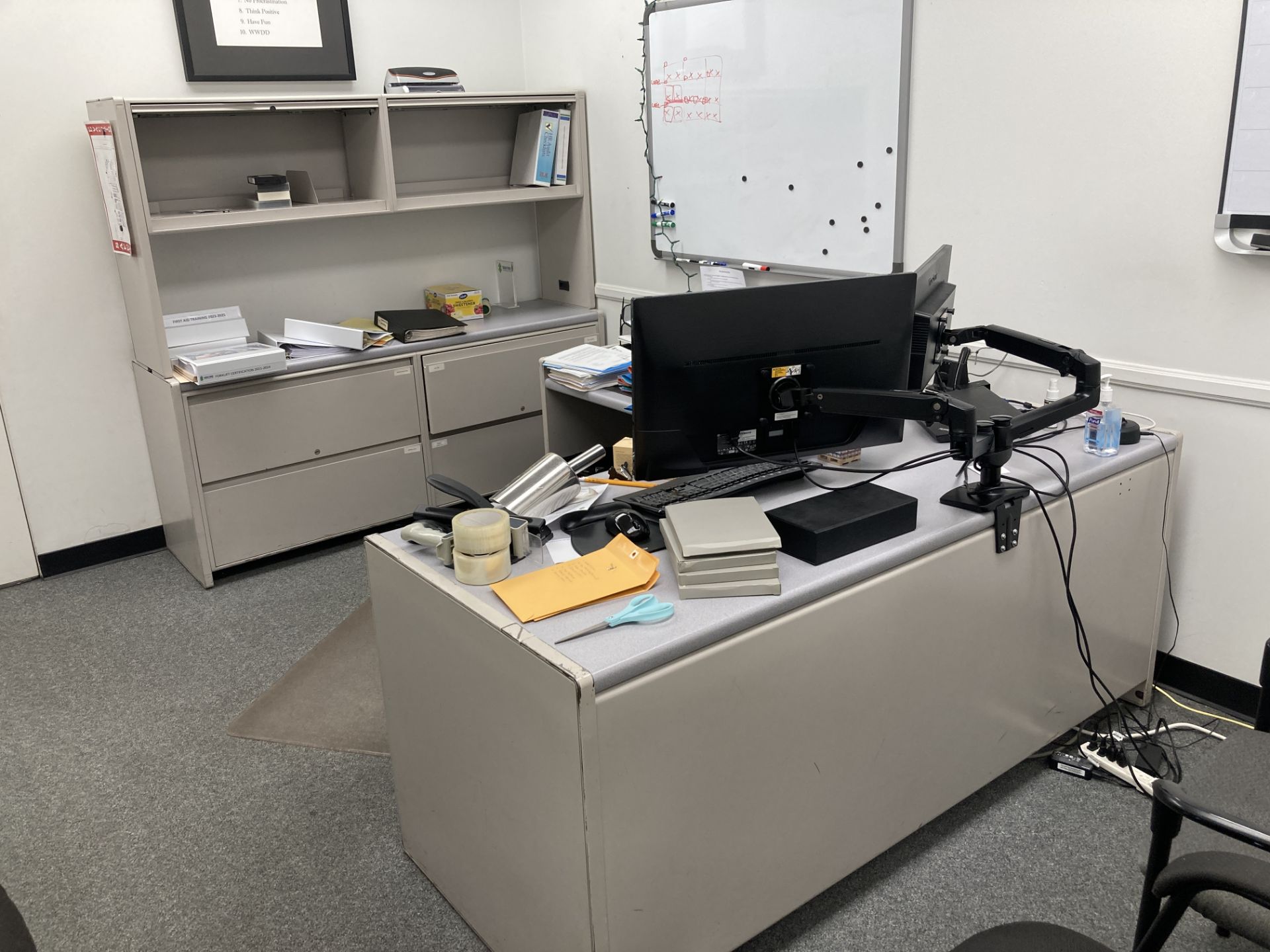 LOT OF L shape desk 72 x 78 with metal credenza with hi-back storage cabinet and chairs Rigging Fee: