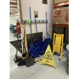 LOT OF mops with bucket, brooms, waste container , portable safety barrier Rigging Fee: $ 100