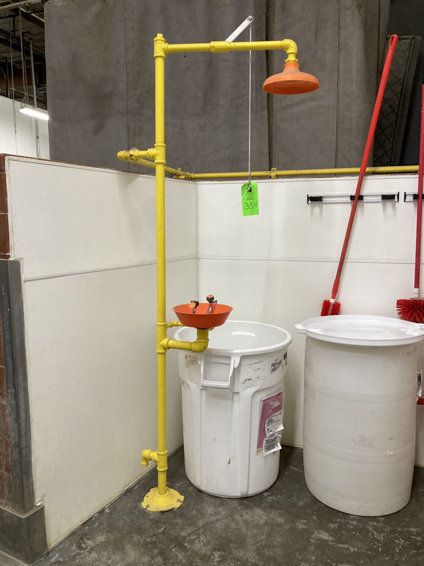 LOT OF waste containers, mop and bucket, brushes, squeegee, wall rack, eye wash shower station - Image 2 of 3