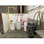 LOT OF waste containers, mop and bucket, brushes, squeegee, wall rack, eye wash shower station