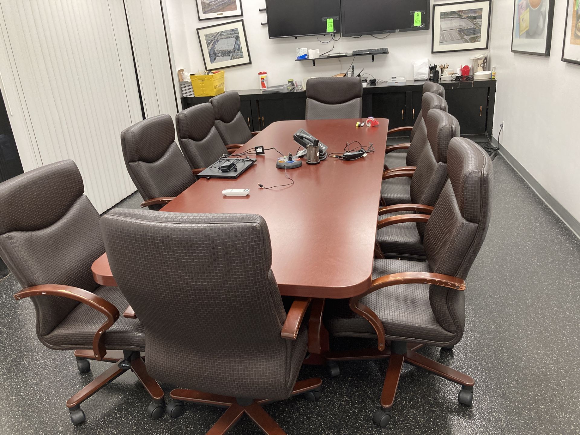 LOT OF conference tables with chairs 42 in x 10 ft and Sharp flat screen TV 38 in w x 22 in h