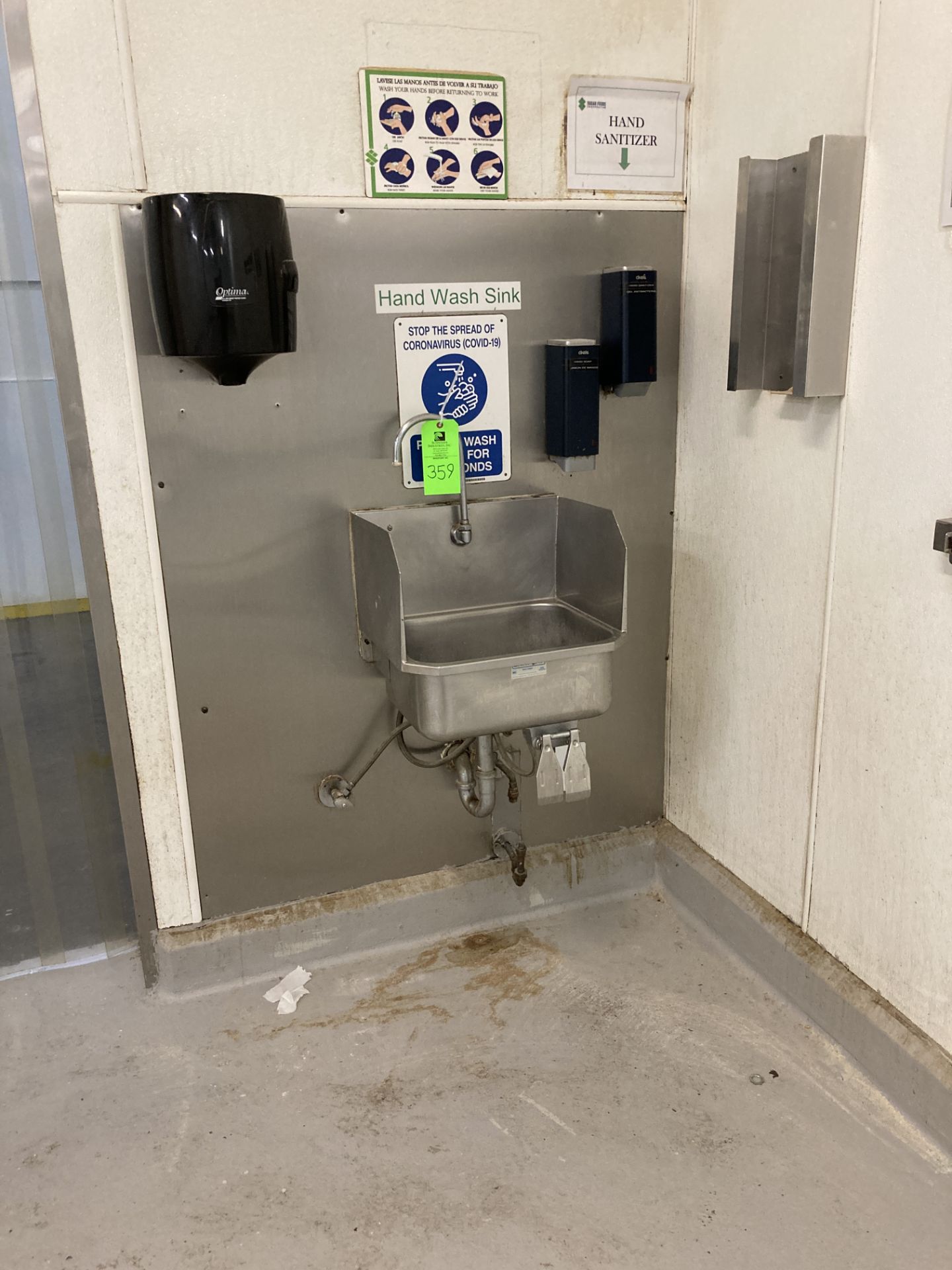 LOT OF stainless steel single bowl sink, SS back splash panel, soap & towel dispenser, wall racks