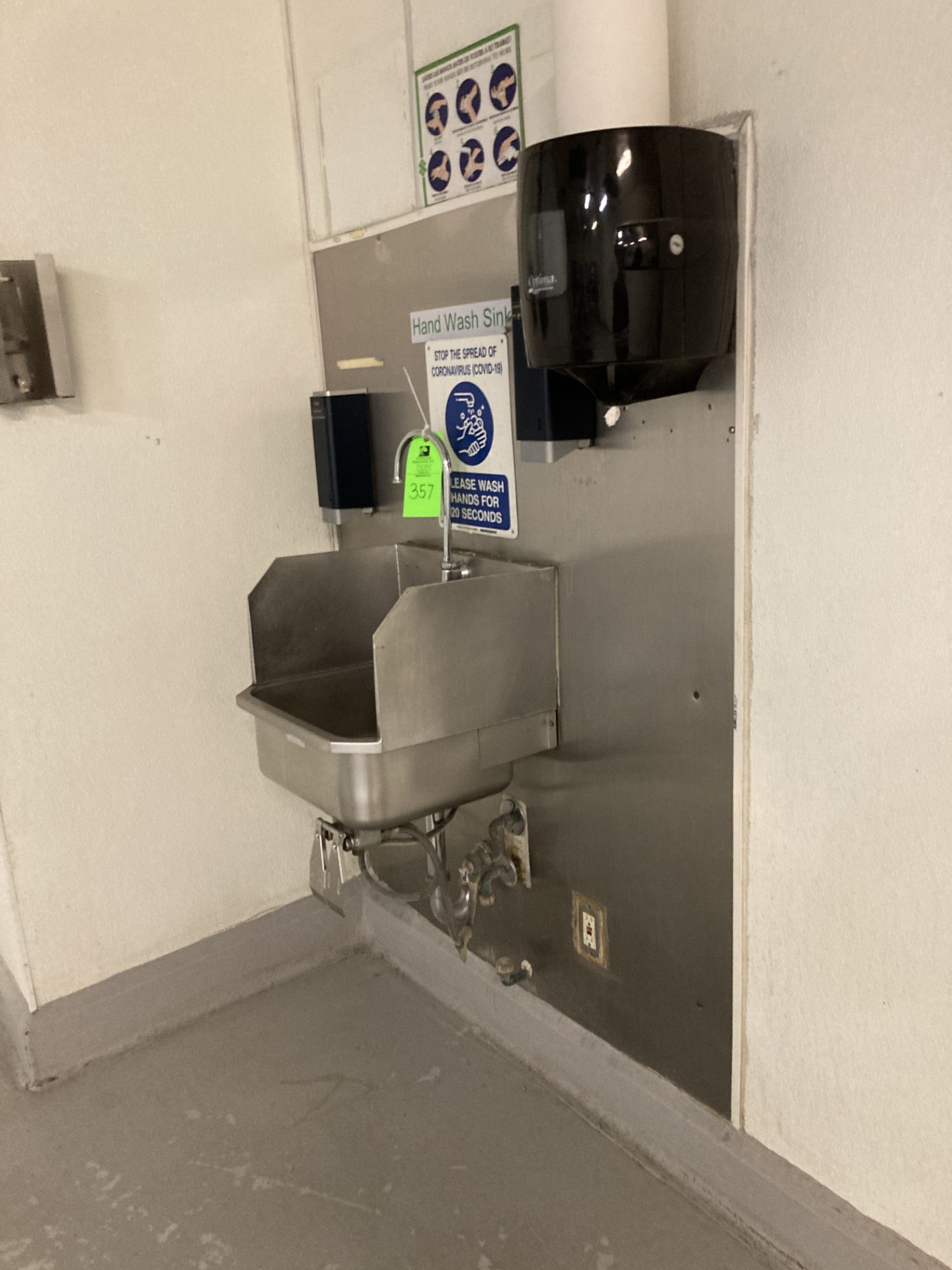 LOT OF stainless steel single bowl sink, SS back splash panel, soap & towel dispenser, brooms, - Image 3 of 4