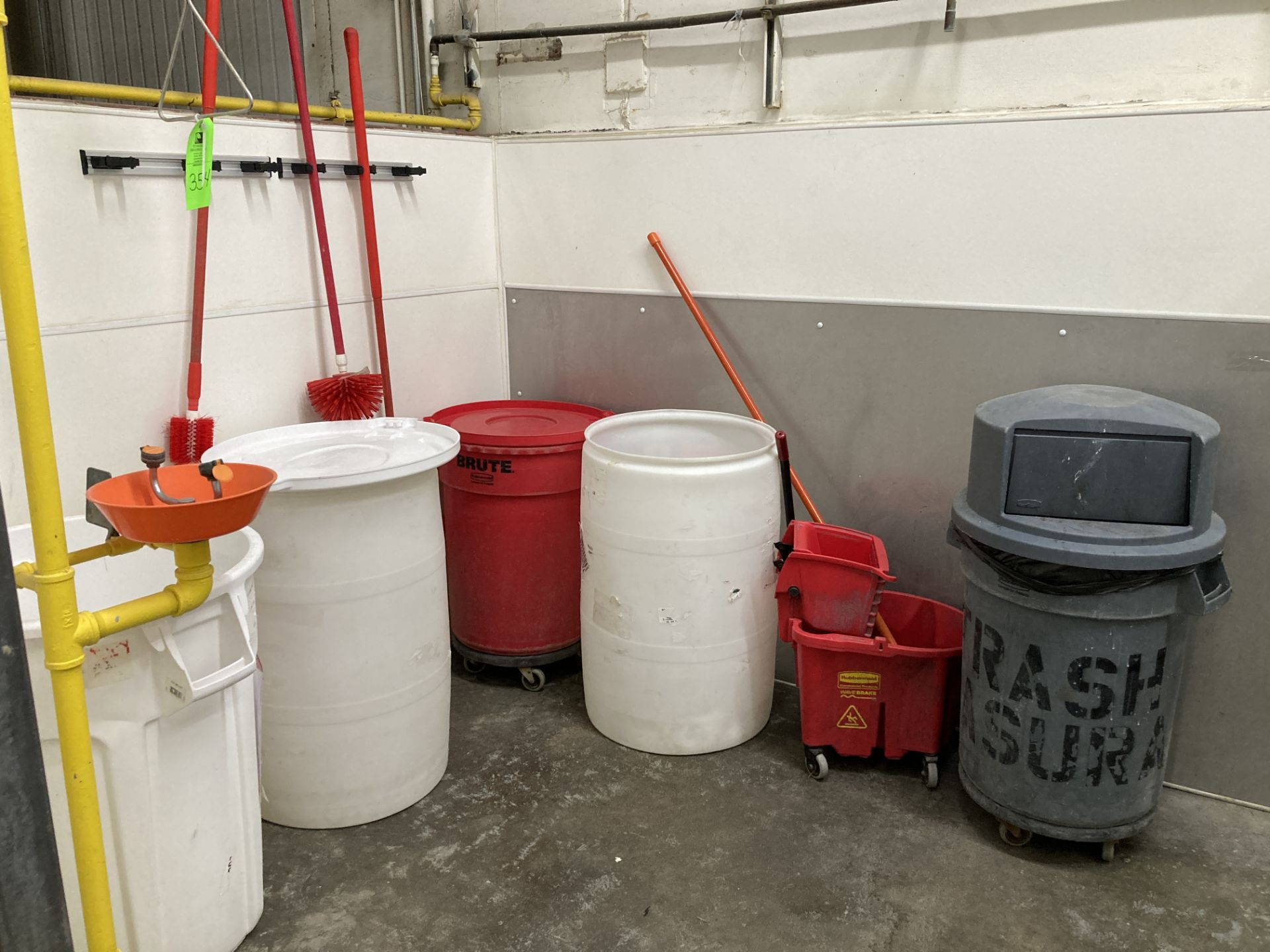 LOT OF waste containers, mop and bucket, brushes, squeegee, wall rack, eye wash shower station - Image 3 of 3