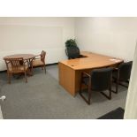 LOT OF L shape desk 72 in x 84 in , chairs, wood top table 42 in dia Rigging Fee: $ 425