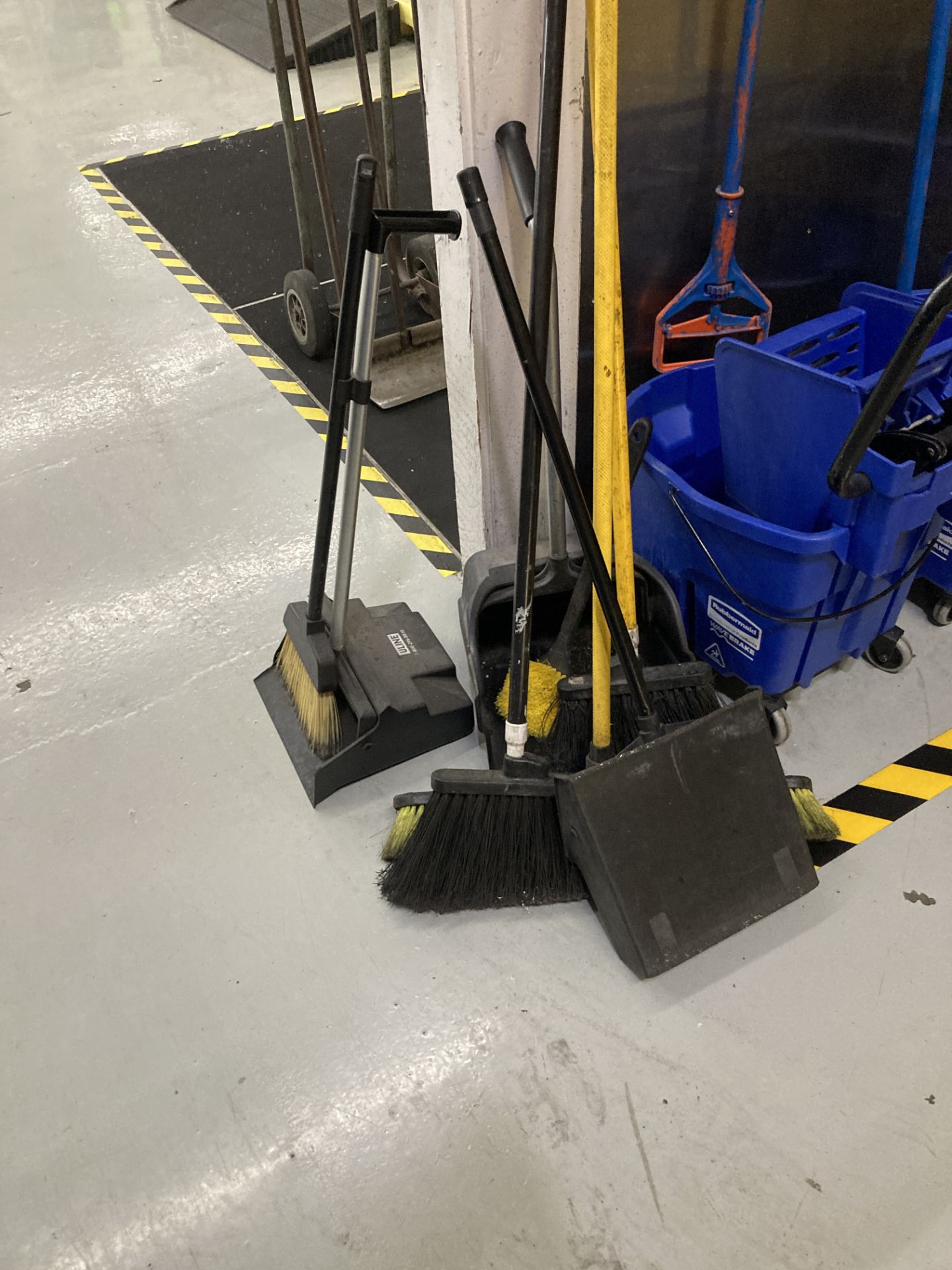 LOT OF mops with bucket, brooms, waste container , portable safety barrier Rigging Fee: $ 100 - Image 2 of 3