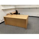 LOT OF wood grain desk 70 in x 35, knee space credenza 70 in x 20 in, L shape desk 72 in x 84 in ,
