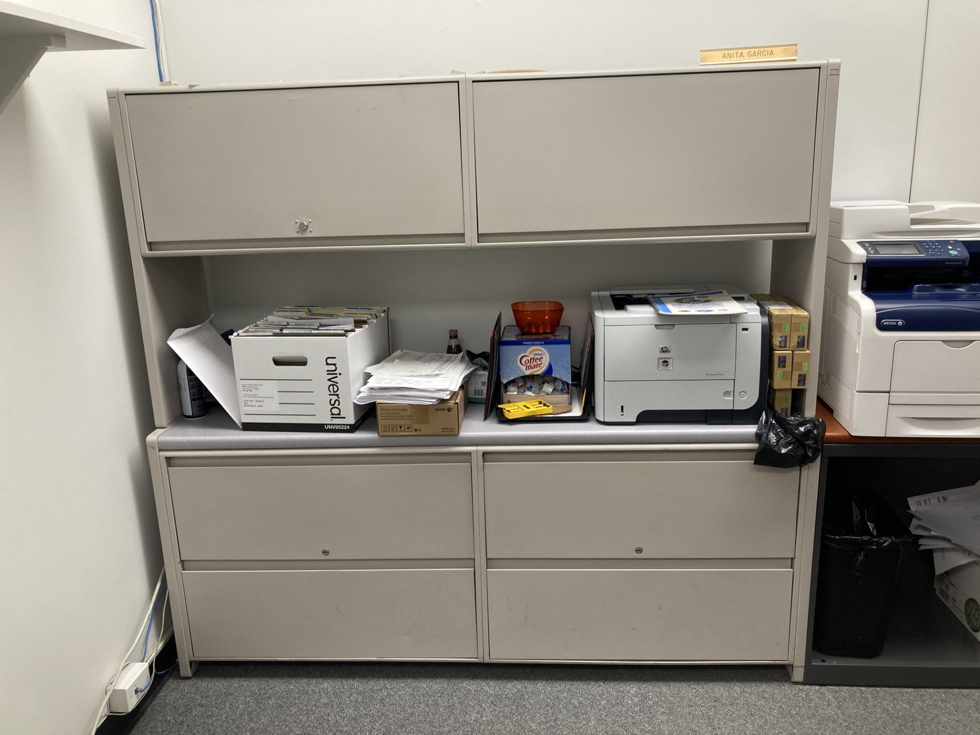 LOT OF L shape desk 72 in x 78 in, 2 metal filing cabinet 43 in x 20 in x 54, metal credenza with - Image 3 of 4