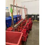 LOT OF mop & bucket, buckets, poly box cart, racking, and shelf 72 in w 30 d x 74 in hgt Rigging