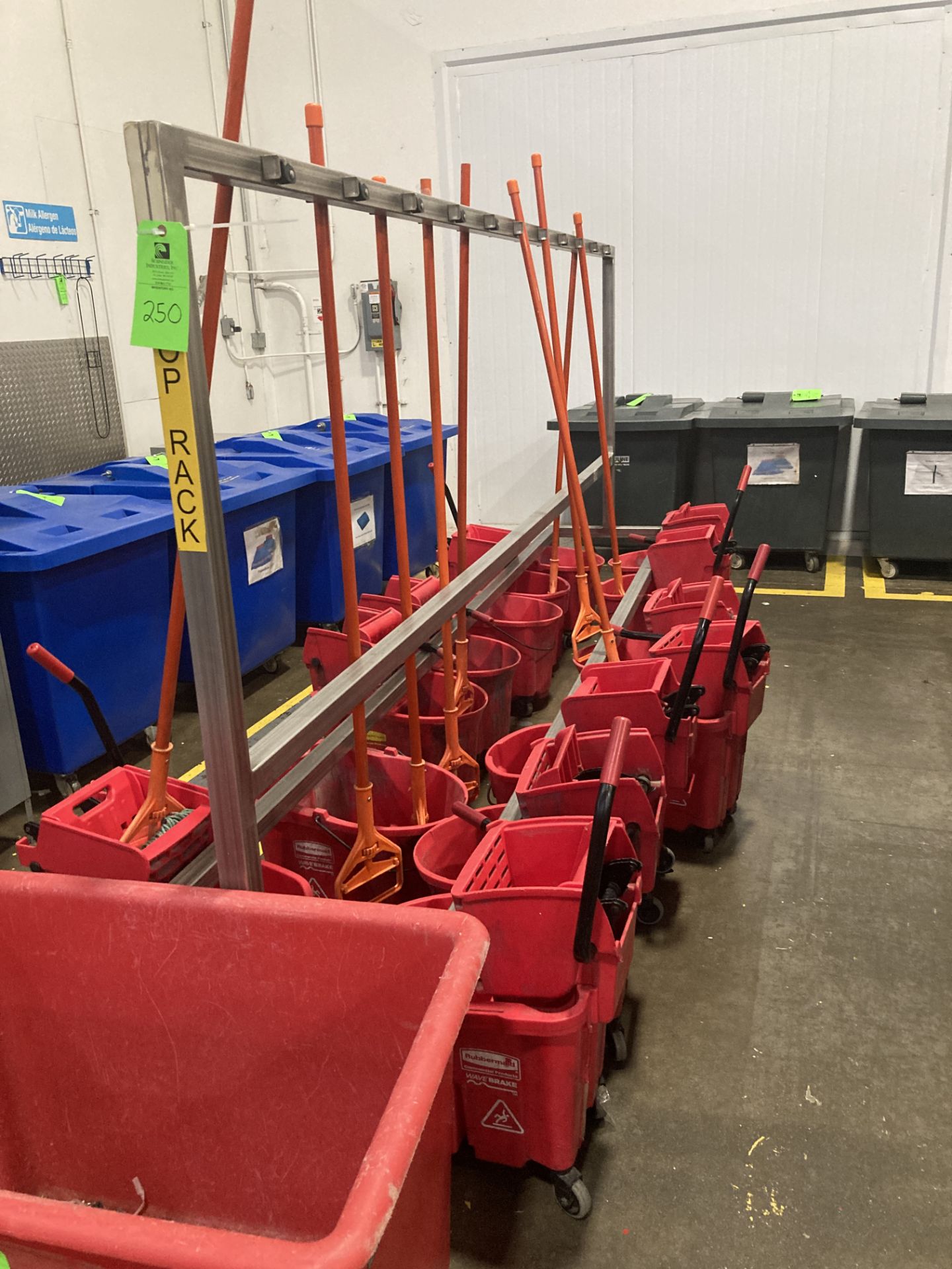 LOT OF mop & bucket, buckets, poly box cart, racking, and shelf 72 in w 30 d x 74 in hgt Rigging