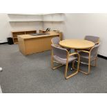 LOT OF DESK 70 IN X 35 , KNEE SPACE CREDENZA 70 IN X 20, BOOK SHELF 60 IN X 16 IN X 30 IN H, Rigging