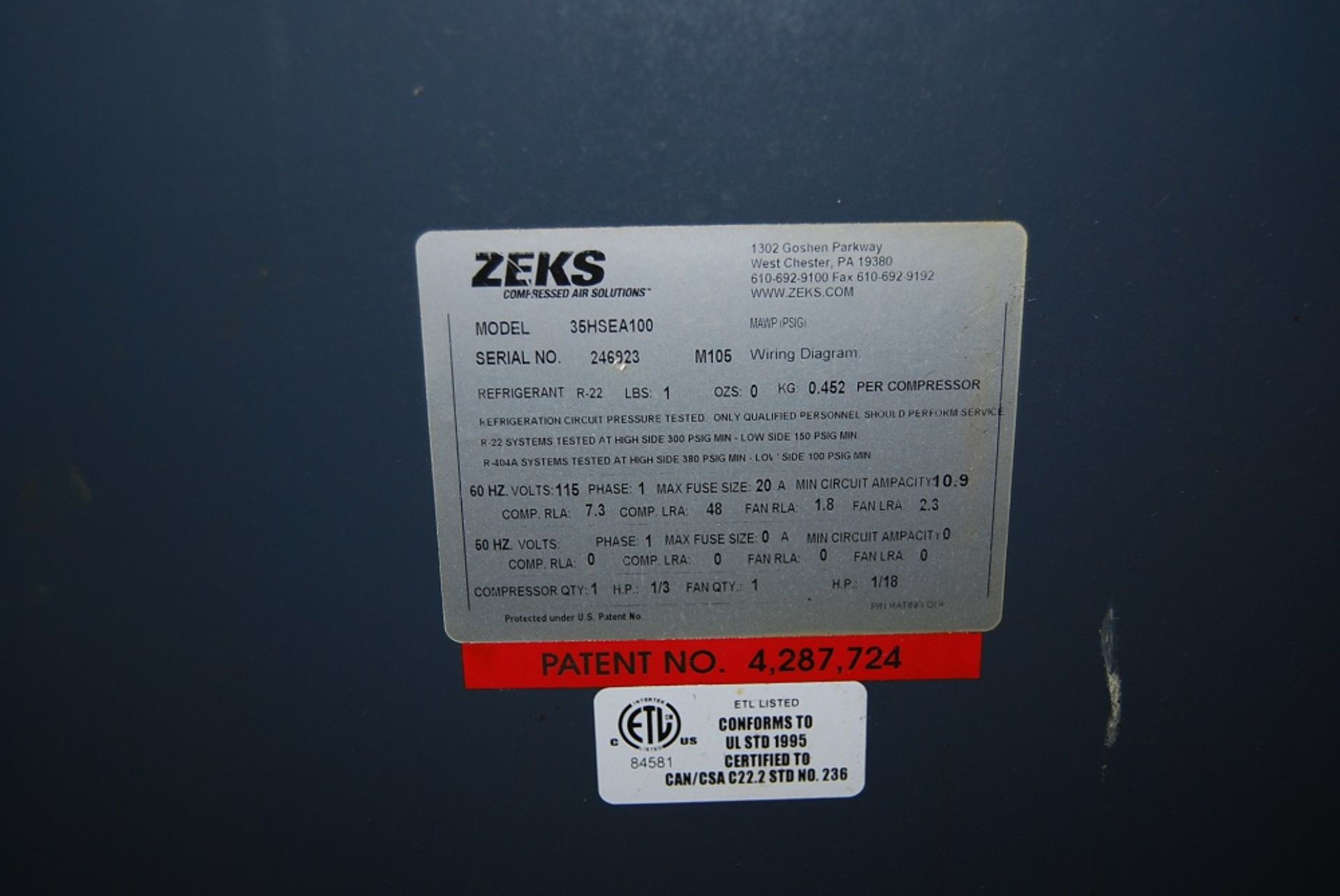 ZEKS Air Dryer, Model: 35HSEA100, SN: 246933, Foot print: 44" x 44" x 38" tall - Image 6 of 6