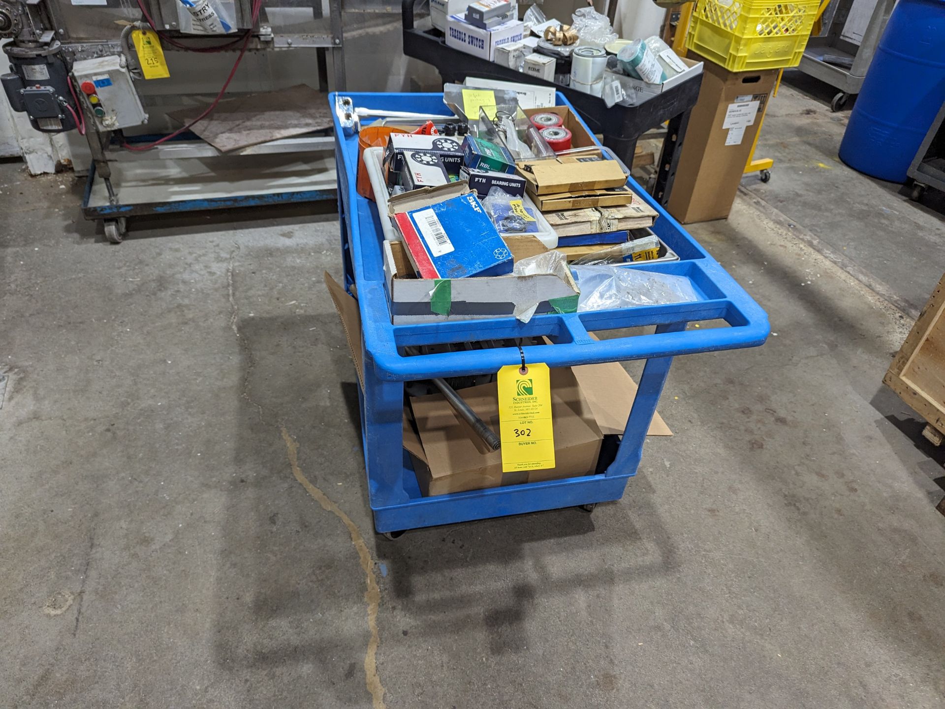 Cart of Assorted Parts, including bearings, sprockets, pallet jack wheels, spider couplers as