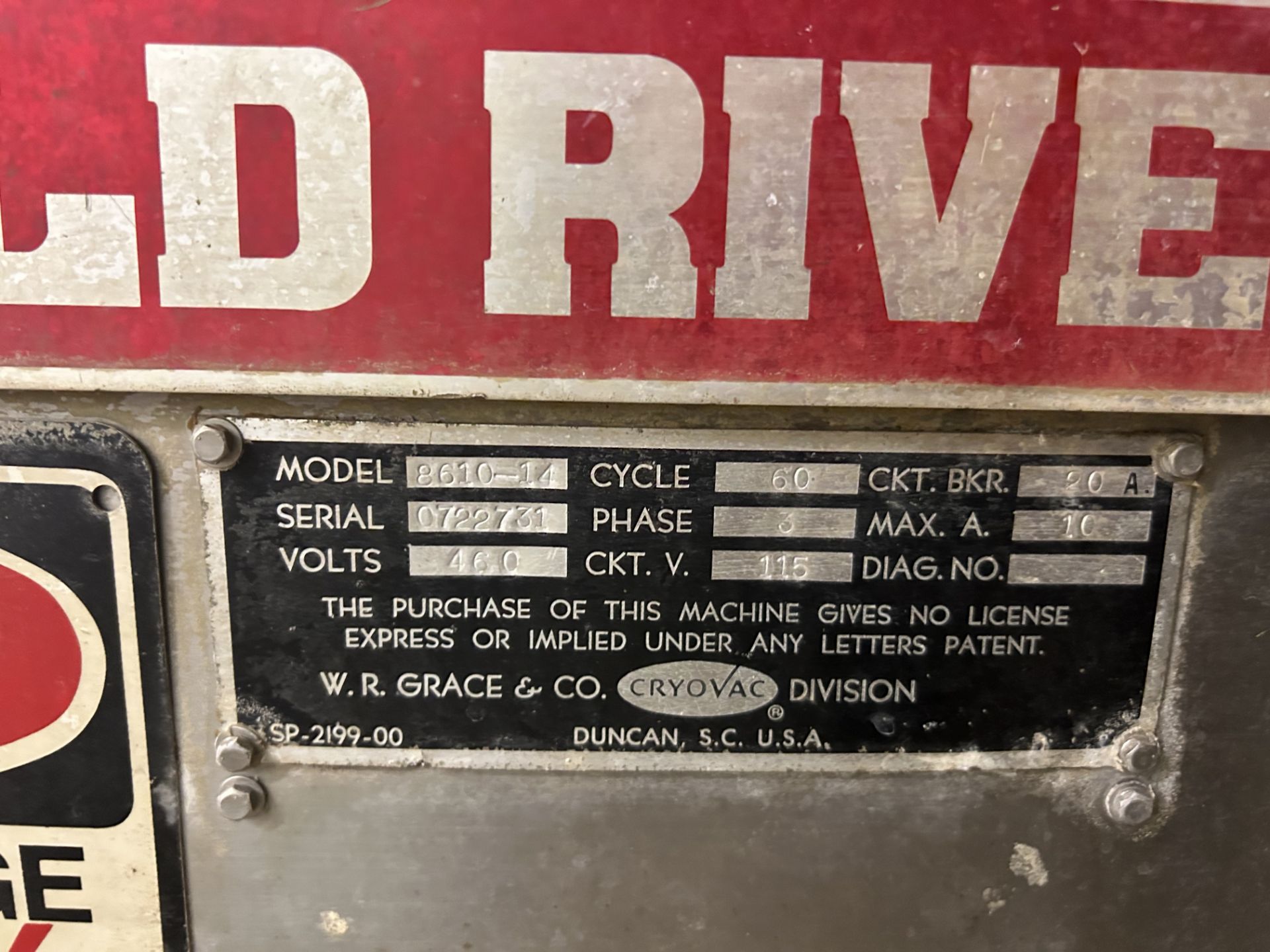 Old Rivers Cryovac Vacuum Sealer, Model #8610-14, S/N #0722731, Cycle 60, PH 3, Volts 460, - Image 3 of 20
