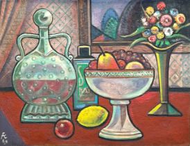 Alois ERBACH (1888 - 1972). Still life. Fruit, flowers and carafe. 1950.