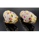 Pair of "Cheetah" stud earrings. 750 yellow gold and white gold with gemstone setting.