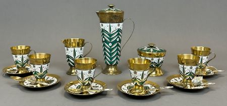 6-piece mocha/tea service. Russia. Gold-plated 925 Sterling. Enamelled.