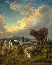 After to Eugène VERBOECKHOVEN (1798/99 - 1881). Grazing animals in a landscape.