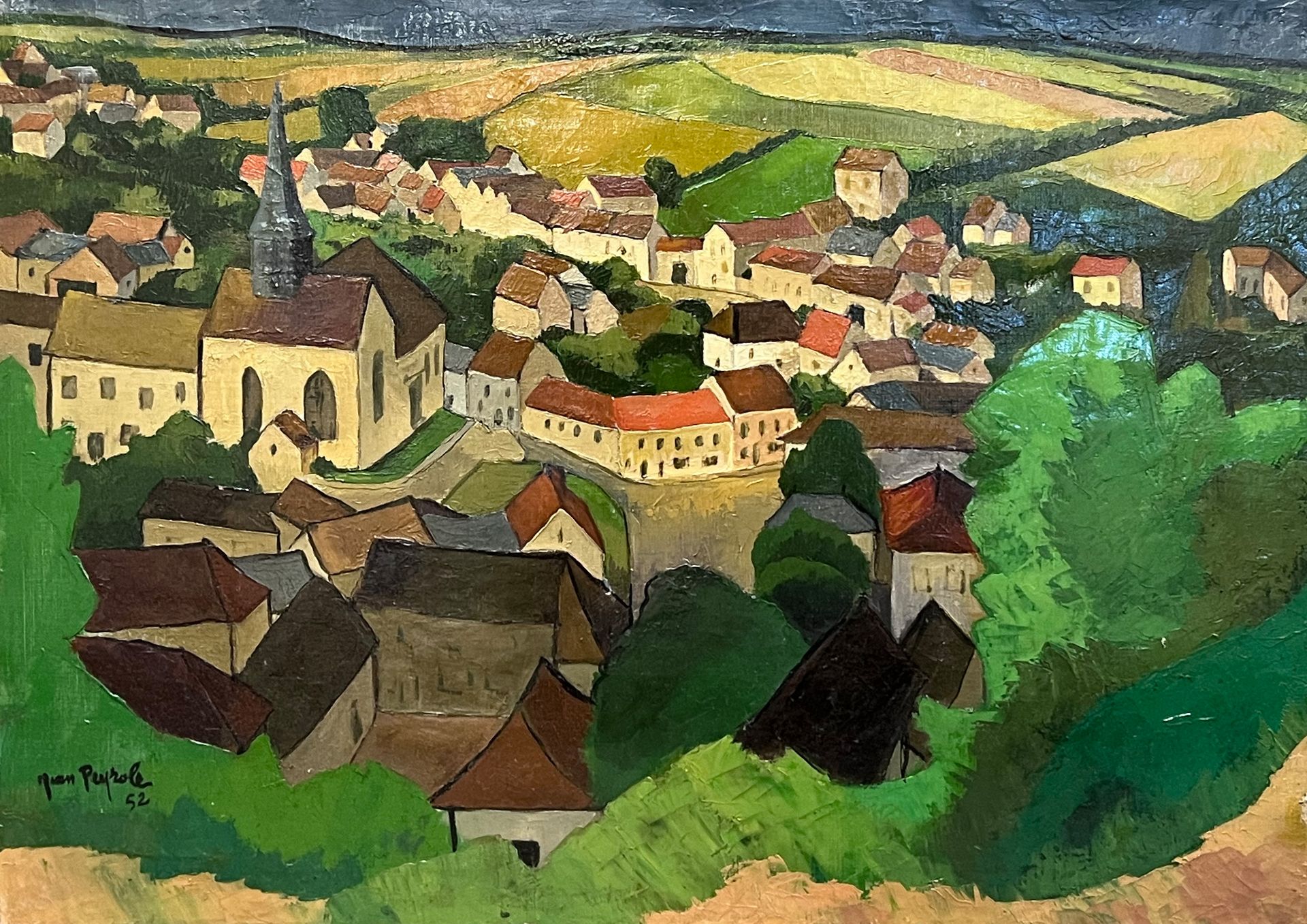 Jean PEYROLE (XX). View of a village. Probably in Lorraine. Dated 1952. - Image 2 of 11