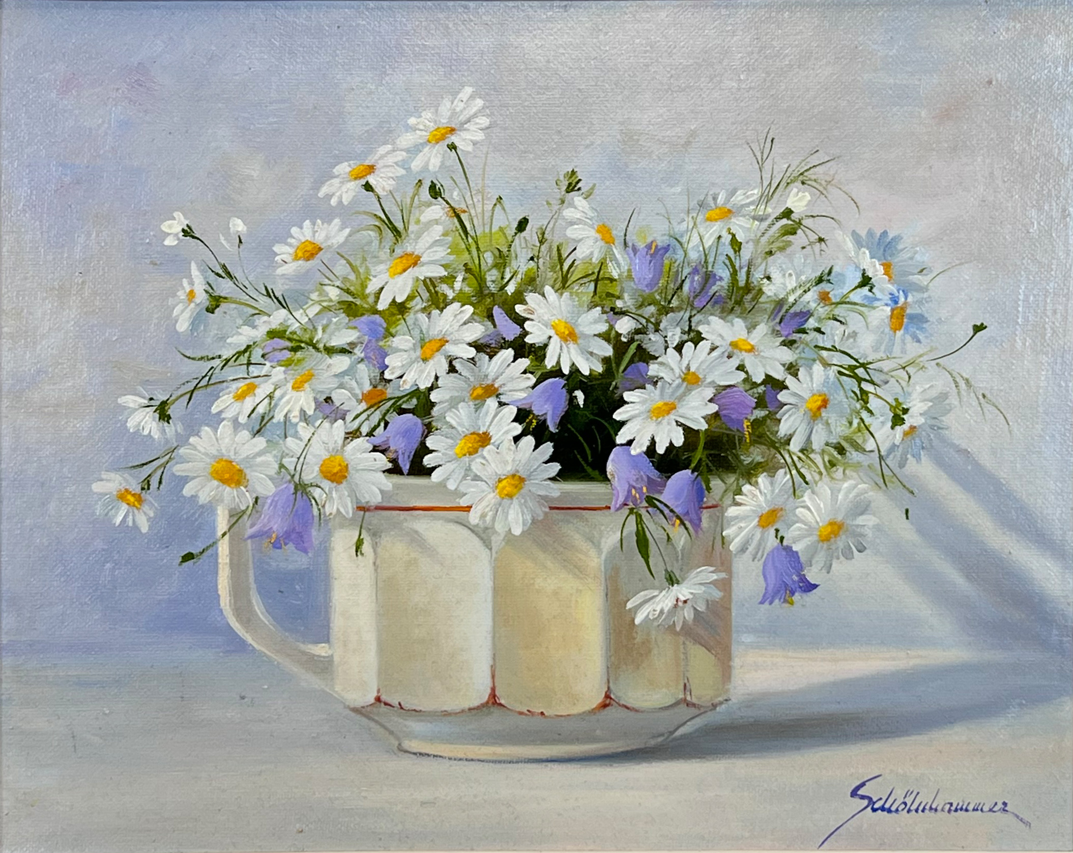 Heinz SCHÖLNHAMMER (1940). Still life with camomiles.