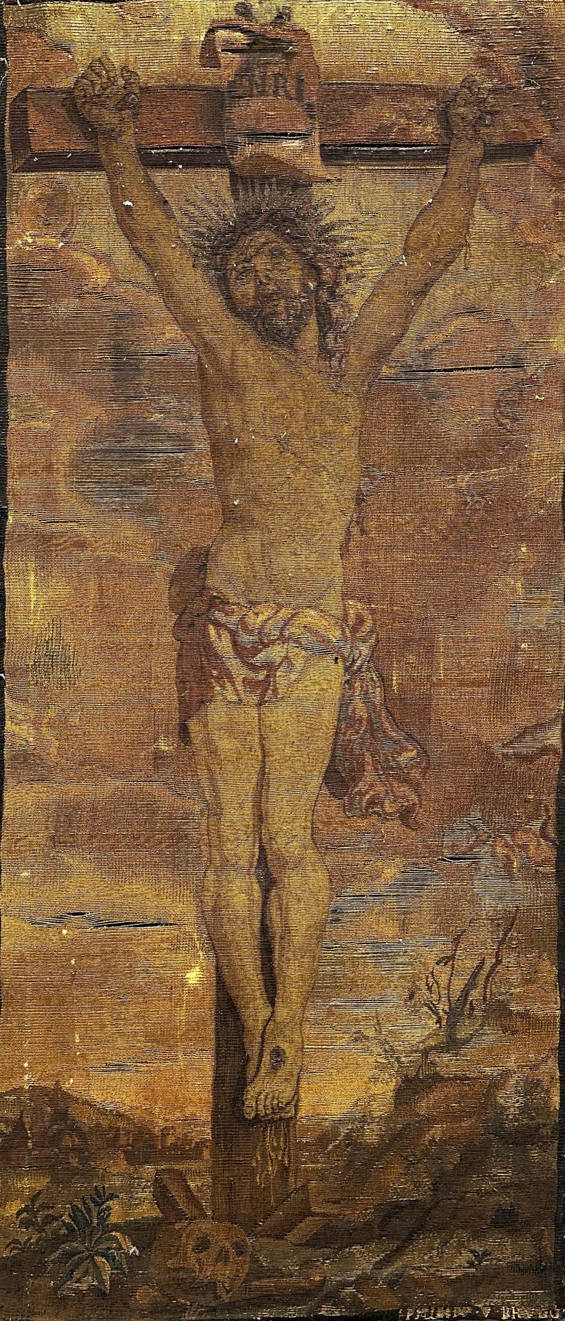 Tapestry. Probably 17th century. Jesus on the cross. ''Brugg''.