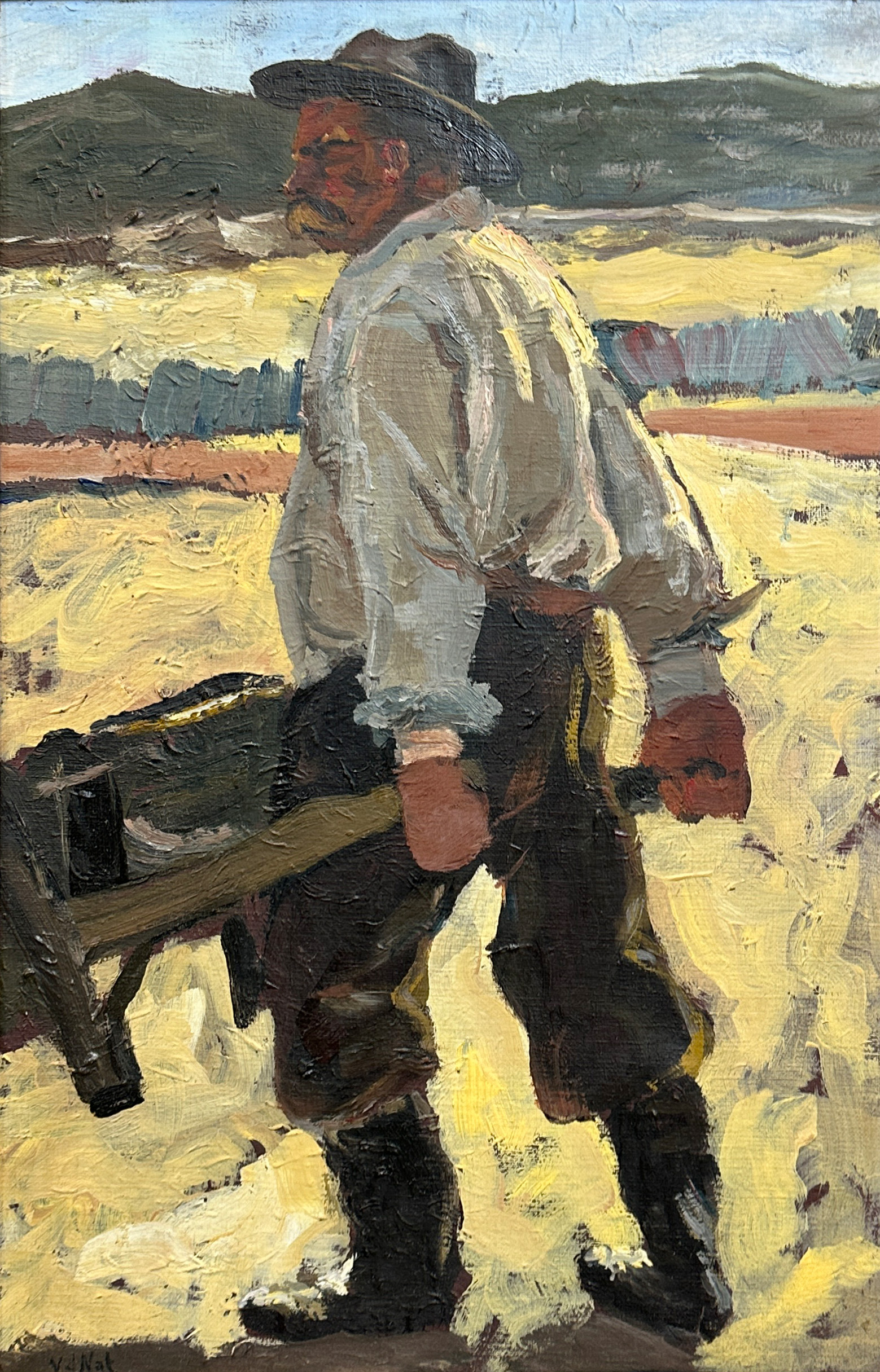 Willem Hendrik VAN DER NAT (1865 - 1929). Farmer with wheelbarrow.