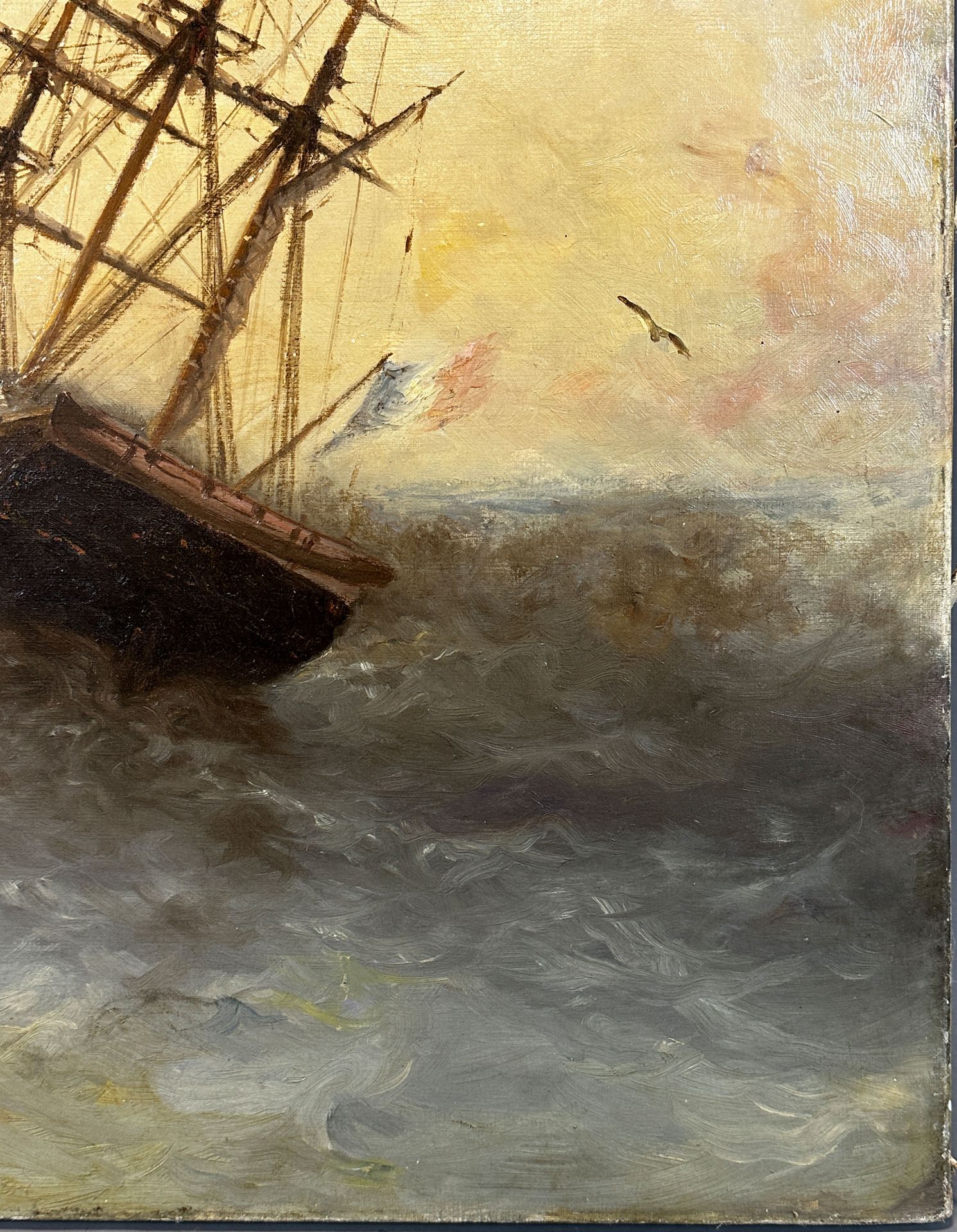 Joseph SUCHET (1824 - 1896). Sailing ship on a stormy sea at sunset. - Image 6 of 12