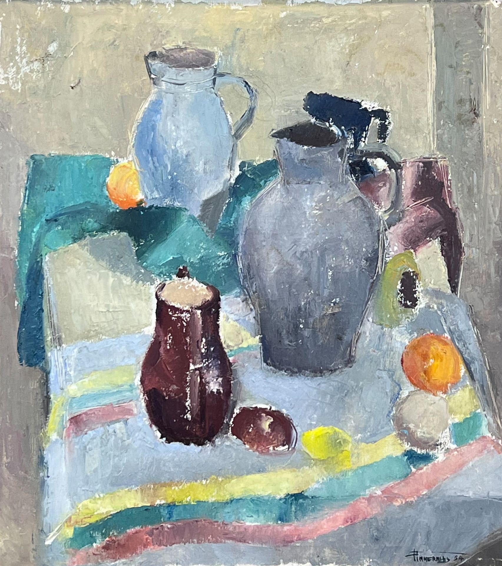 Jean TIMMERMANS (1899 - 1986). Still life with jugs and fruit. Dated 1954.