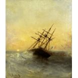 Joseph SUCHET (1824 - 1896). Sailing ship on a stormy sea at sunset.