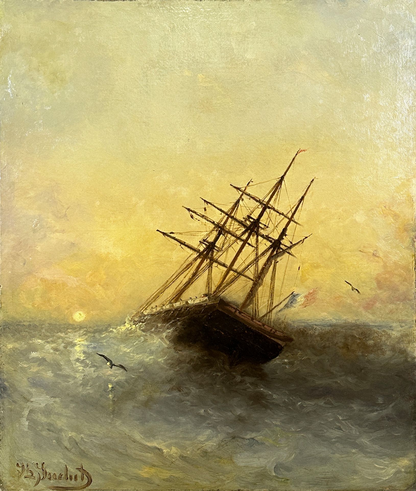 Joseph SUCHET (1824 - 1896). Sailing ship on a stormy sea at sunset.