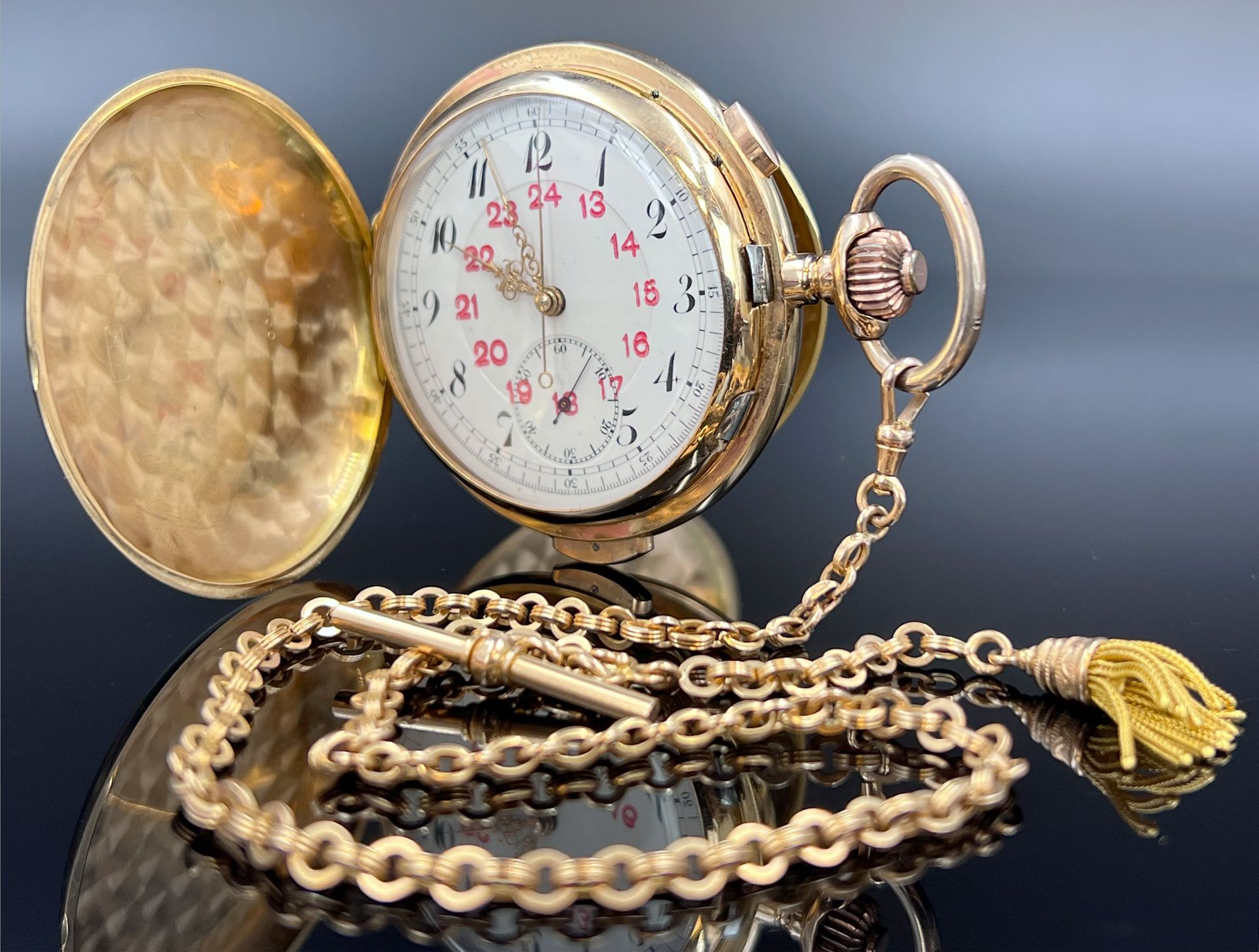 Gentleman's pocket watch. 750 yellow gold. Repetition. Watch chain 585 yellow gold.