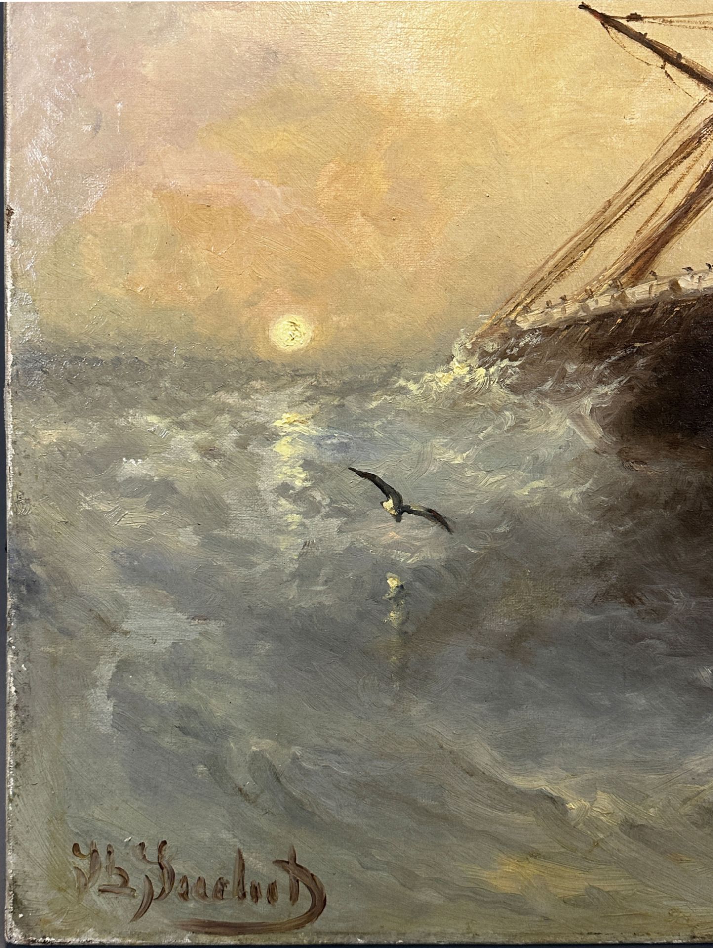 Joseph SUCHET (1824 - 1896). Sailing ship on a stormy sea at sunset. - Image 5 of 12